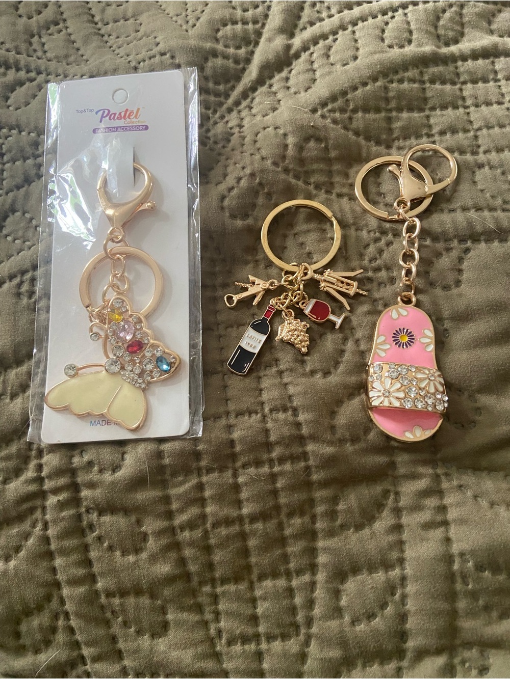 Trio of Bag charms/Keychains Butterfly, Wine Lovers & Flip Flop Gold Hardware